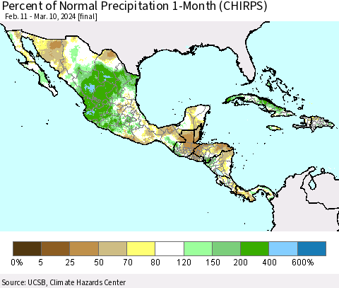 Mexico Central America and the Caribbean Percent of Normal Precipitation 1-Month (CHIRPS) Thematic Map For 2/11/2024 - 3/10/2024