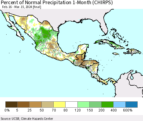 Mexico Central America and the Caribbean Percent of Normal Precipitation 1-Month (CHIRPS) Thematic Map For 2/16/2024 - 3/15/2024