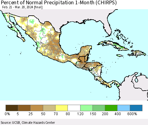 Mexico Central America and the Caribbean Percent of Normal Precipitation 1-Month (CHIRPS) Thematic Map For 2/21/2024 - 3/20/2024