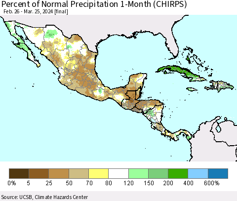 Mexico Central America and the Caribbean Percent of Normal Precipitation 1-Month (CHIRPS) Thematic Map For 2/26/2024 - 3/25/2024