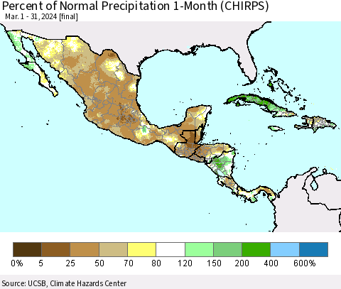 Mexico Central America and the Caribbean Percent of Normal Precipitation 1-Month (CHIRPS) Thematic Map For 3/1/2024 - 3/31/2024