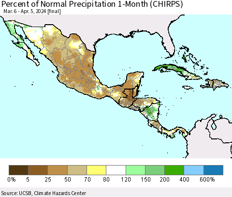 Mexico Central America and the Caribbean Percent of Normal Precipitation 1-Month (CHIRPS) Thematic Map For 3/6/2024 - 4/5/2024
