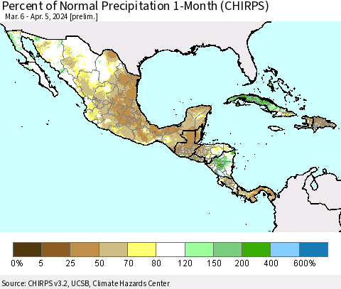 Mexico Central America and the Caribbean Percent of Normal Precipitation 1-Month (CHIRPS) Thematic Map For 3/6/2024 - 4/5/2024