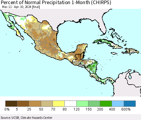 Mexico Central America and the Caribbean Percent of Normal Precipitation 1-Month (CHIRPS) Thematic Map For 3/11/2024 - 4/10/2024