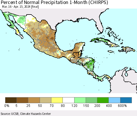 Mexico Central America and the Caribbean Percent of Normal Precipitation 1-Month (CHIRPS) Thematic Map For 3/16/2024 - 4/15/2024
