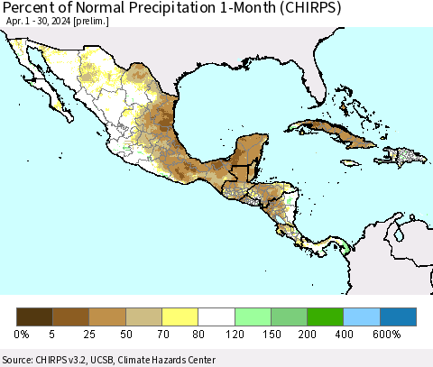 Mexico Central America and the Caribbean Percent of Normal Precipitation 1-Month (CHIRPS) Thematic Map For 4/1/2024 - 4/30/2024