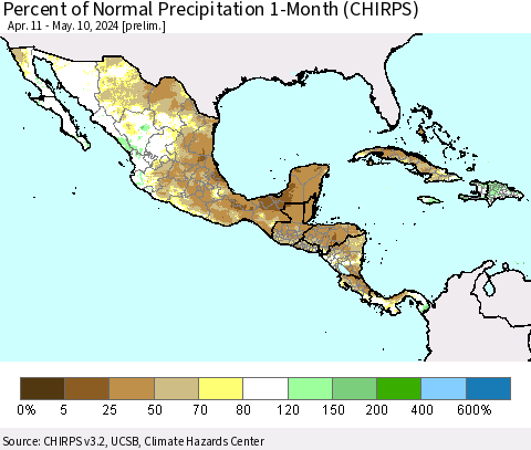 Mexico Central America and the Caribbean Percent of Normal Precipitation 1-Month (CHIRPS) Thematic Map For 4/11/2024 - 5/10/2024