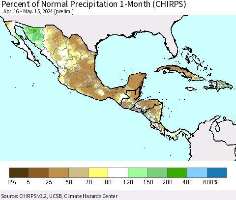 Mexico Central America and the Caribbean Percent of Normal Precipitation 1-Month (CHIRPS) Thematic Map For 4/16/2024 - 5/15/2024