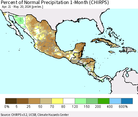 Mexico Central America and the Caribbean Percent of Normal Precipitation 1-Month (CHIRPS) Thematic Map For 4/21/2024 - 5/20/2024
