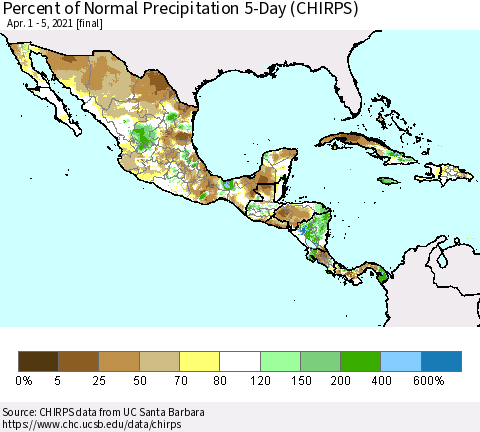 Mexico Central America and the Caribbean Percent of Normal Precipitation 5-Day (CHIRPS) Thematic Map For 4/1/2021 - 4/5/2021