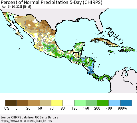 Mexico Central America and the Caribbean Percent of Normal Precipitation 5-Day (CHIRPS) Thematic Map For 4/6/2021 - 4/10/2021