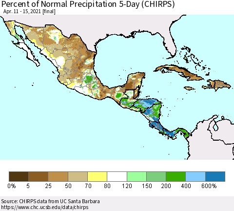 Mexico Central America and the Caribbean Percent of Normal Precipitation 5-Day (CHIRPS) Thematic Map For 4/11/2021 - 4/15/2021