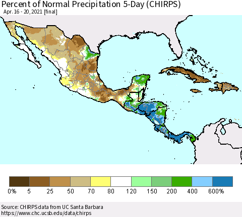 Mexico Central America and the Caribbean Percent of Normal Precipitation 5-Day (CHIRPS) Thematic Map For 4/16/2021 - 4/20/2021
