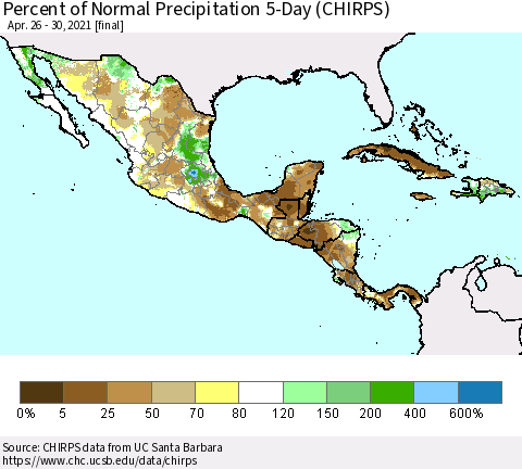 Mexico Central America and the Caribbean Percent of Normal Precipitation 5-Day (CHIRPS) Thematic Map For 4/26/2021 - 4/30/2021
