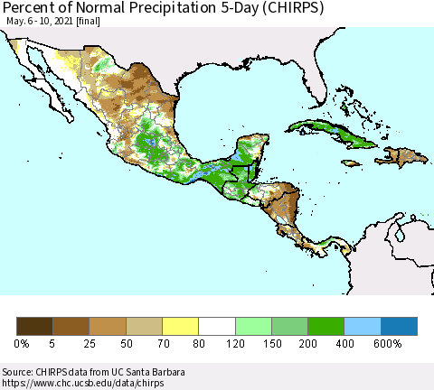 Mexico Central America and the Caribbean Percent of Normal Precipitation 5-Day (CHIRPS) Thematic Map For 5/6/2021 - 5/10/2021