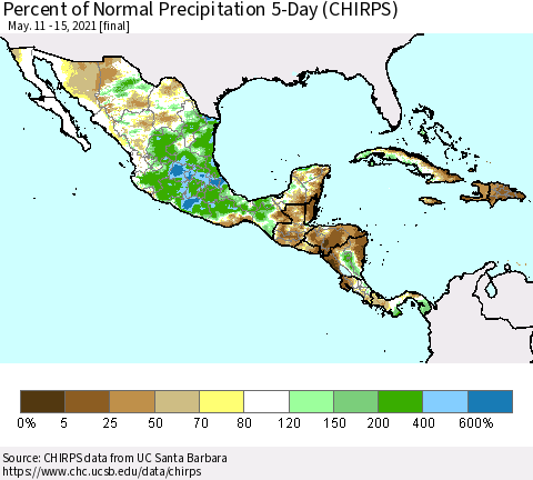 Mexico Central America and the Caribbean Percent of Normal Precipitation 5-Day (CHIRPS) Thematic Map For 5/11/2021 - 5/15/2021