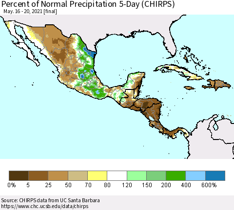 Mexico Central America and the Caribbean Percent of Normal Precipitation 5-Day (CHIRPS) Thematic Map For 5/16/2021 - 5/20/2021