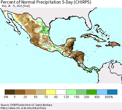 Mexico Central America and the Caribbean Percent of Normal Precipitation 5-Day (CHIRPS) Thematic Map For 5/26/2021 - 5/31/2021