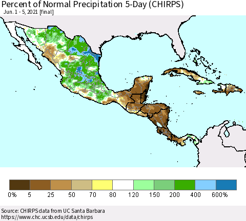 Mexico Central America and the Caribbean Percent of Normal Precipitation 5-Day (CHIRPS) Thematic Map For 6/1/2021 - 6/5/2021