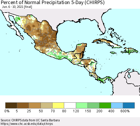 Mexico Central America and the Caribbean Percent of Normal Precipitation 5-Day (CHIRPS) Thematic Map For 6/6/2021 - 6/10/2021