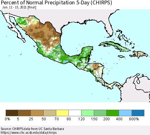 Mexico Central America and the Caribbean Percent of Normal Precipitation 5-Day (CHIRPS) Thematic Map For 6/11/2021 - 6/15/2021