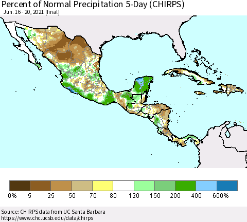 Mexico Central America and the Caribbean Percent of Normal Precipitation 5-Day (CHIRPS) Thematic Map For 6/16/2021 - 6/20/2021
