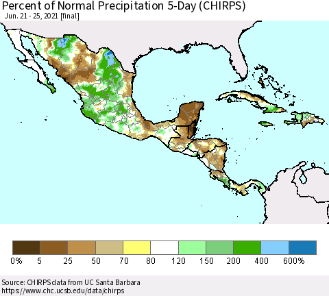 Mexico Central America and the Caribbean Percent of Normal Precipitation 5-Day (CHIRPS) Thematic Map For 6/21/2021 - 6/25/2021