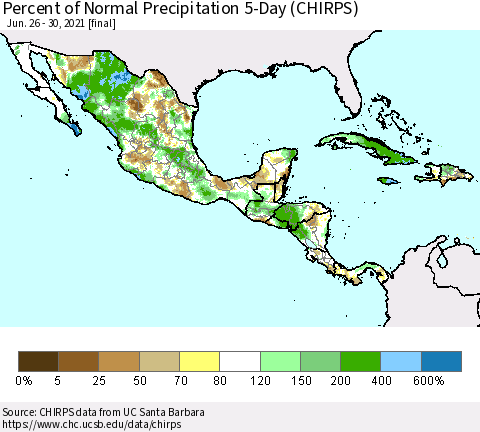 Mexico Central America and the Caribbean Percent of Normal Precipitation 5-Day (CHIRPS) Thematic Map For 6/26/2021 - 6/30/2021
