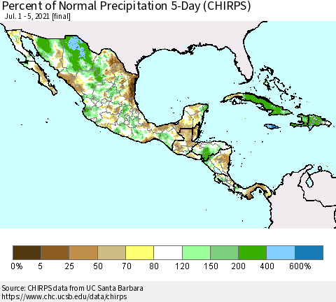 Mexico Central America and the Caribbean Percent of Normal Precipitation 5-Day (CHIRPS) Thematic Map For 7/1/2021 - 7/5/2021