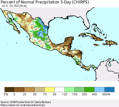 Mexico Central America and the Caribbean Percent of Normal Precipitation 5-Day (CHIRPS) Thematic Map For 7/6/2021 - 7/10/2021