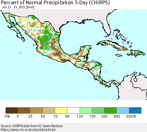 Mexico Central America and the Caribbean Percent of Normal Precipitation 5-Day (CHIRPS) Thematic Map For 7/11/2021 - 7/15/2021