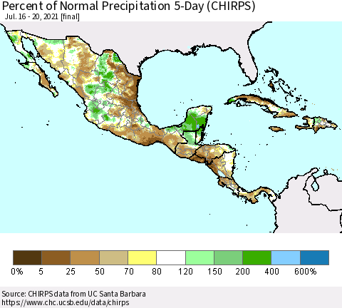 Mexico Central America and the Caribbean Percent of Normal Precipitation 5-Day (CHIRPS) Thematic Map For 7/16/2021 - 7/20/2021
