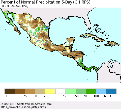 Mexico Central America and the Caribbean Percent of Normal Precipitation 5-Day (CHIRPS) Thematic Map For 7/21/2021 - 7/25/2021