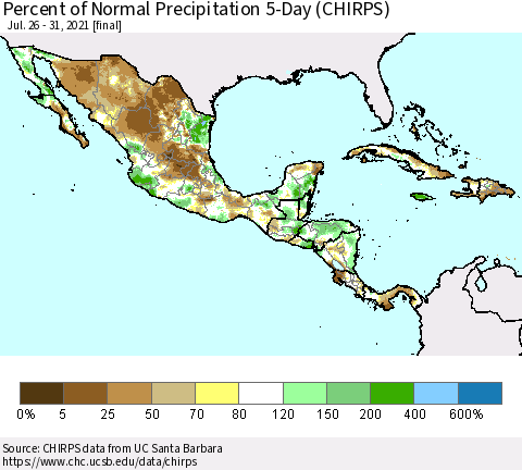 Mexico Central America and the Caribbean Percent of Normal Precipitation 5-Day (CHIRPS) Thematic Map For 7/26/2021 - 7/31/2021