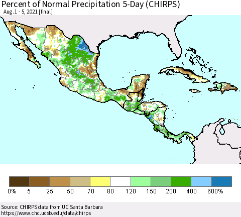 Mexico Central America and the Caribbean Percent of Normal Precipitation 5-Day (CHIRPS) Thematic Map For 8/1/2021 - 8/5/2021