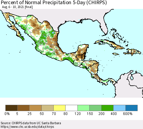 Mexico Central America and the Caribbean Percent of Normal Precipitation 5-Day (CHIRPS) Thematic Map For 8/6/2021 - 8/10/2021