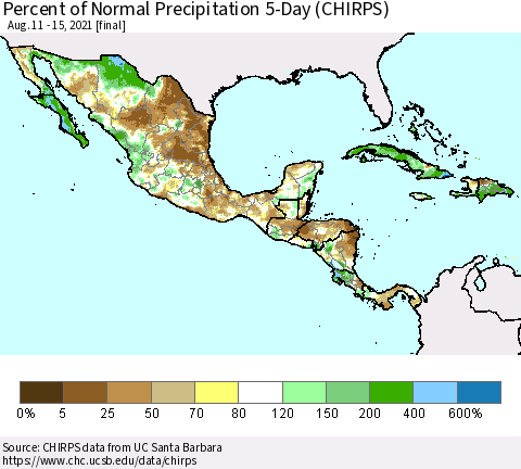 Mexico Central America and the Caribbean Percent of Normal Precipitation 5-Day (CHIRPS) Thematic Map For 8/11/2021 - 8/15/2021