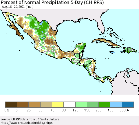 Mexico Central America and the Caribbean Percent of Normal Precipitation 5-Day (CHIRPS) Thematic Map For 8/16/2021 - 8/20/2021