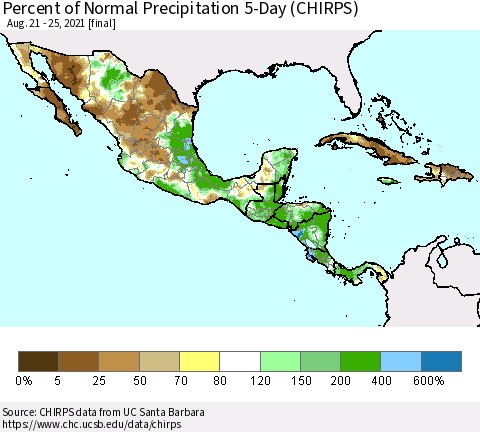 Mexico Central America and the Caribbean Percent of Normal Precipitation 5-Day (CHIRPS) Thematic Map For 8/21/2021 - 8/25/2021