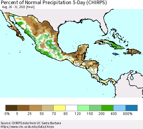Mexico Central America and the Caribbean Percent of Normal Precipitation 5-Day (CHIRPS) Thematic Map For 8/26/2021 - 8/31/2021