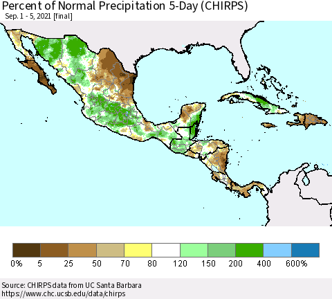 Mexico Central America and the Caribbean Percent of Normal Precipitation 5-Day (CHIRPS) Thematic Map For 9/1/2021 - 9/5/2021