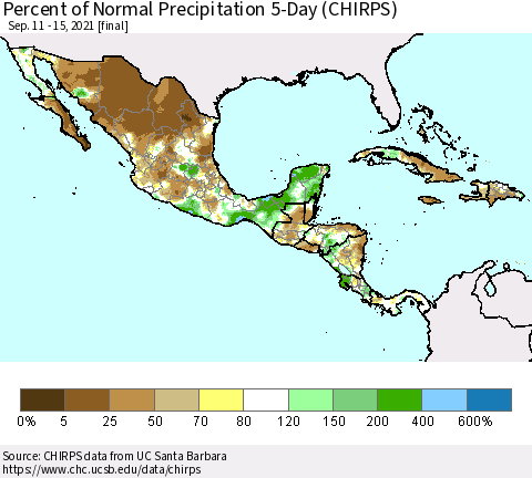 Mexico Central America and the Caribbean Percent of Normal Precipitation 5-Day (CHIRPS) Thematic Map For 9/11/2021 - 9/15/2021