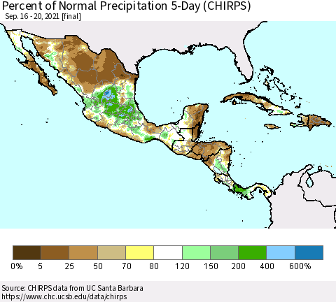 Mexico Central America and the Caribbean Percent of Normal Precipitation 5-Day (CHIRPS) Thematic Map For 9/16/2021 - 9/20/2021