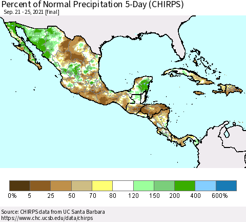 Mexico Central America and the Caribbean Percent of Normal Precipitation 5-Day (CHIRPS) Thematic Map For 9/21/2021 - 9/25/2021