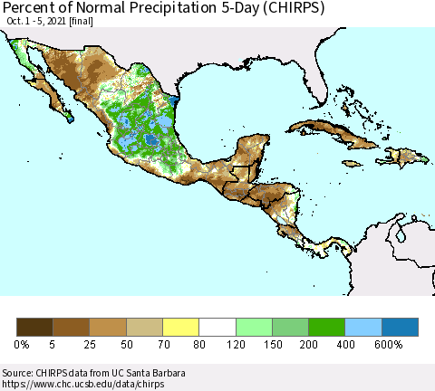 Mexico Central America and the Caribbean Percent of Normal Precipitation 5-Day (CHIRPS) Thematic Map For 10/1/2021 - 10/5/2021