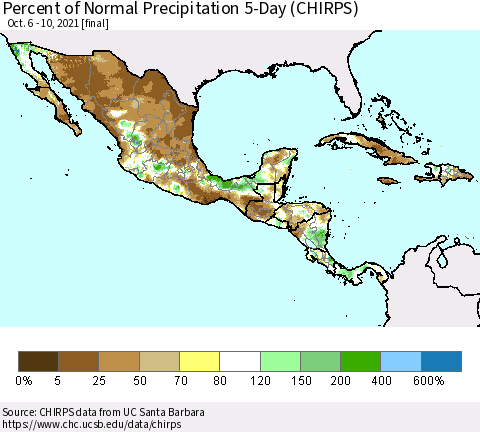 Mexico Central America and the Caribbean Percent of Normal Precipitation 5-Day (CHIRPS) Thematic Map For 10/6/2021 - 10/10/2021