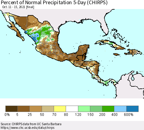 Mexico Central America and the Caribbean Percent of Normal Precipitation 5-Day (CHIRPS) Thematic Map For 10/11/2021 - 10/15/2021