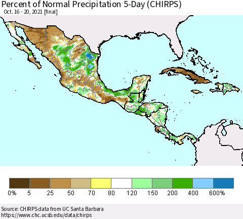 Mexico Central America and the Caribbean Percent of Normal Precipitation 5-Day (CHIRPS) Thematic Map For 10/16/2021 - 10/20/2021