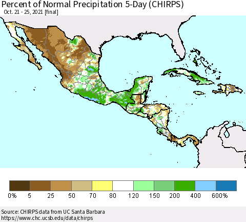 Mexico Central America and the Caribbean Percent of Normal Precipitation 5-Day (CHIRPS) Thematic Map For 10/21/2021 - 10/25/2021