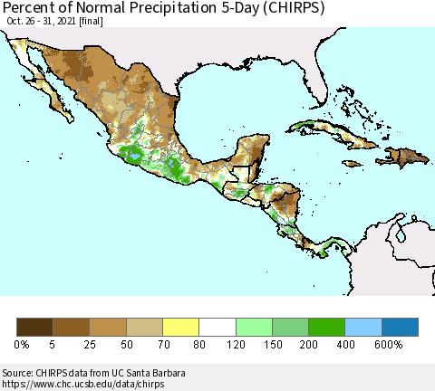 Mexico Central America and the Caribbean Percent of Normal Precipitation 5-Day (CHIRPS) Thematic Map For 10/26/2021 - 10/31/2021